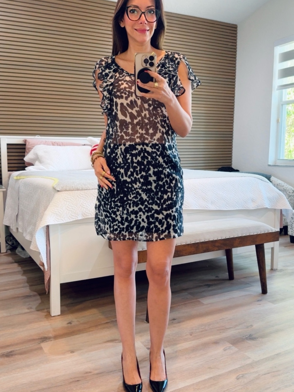 Sheer blue and White Animal-Print Mini Dress with Ruffle Shoulders